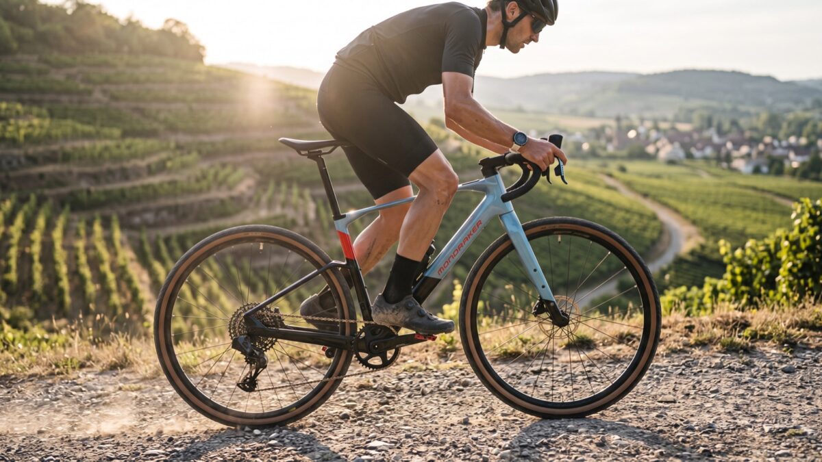 Fahrer im Anstieg zwischen Weinbergterrassen mit Sportuhr am Handgelenk