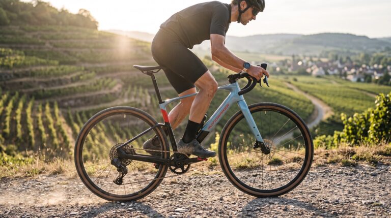 Fahrer im Anstieg zwischen Weinbergterrassen mit Sportuhr am Handgelenk