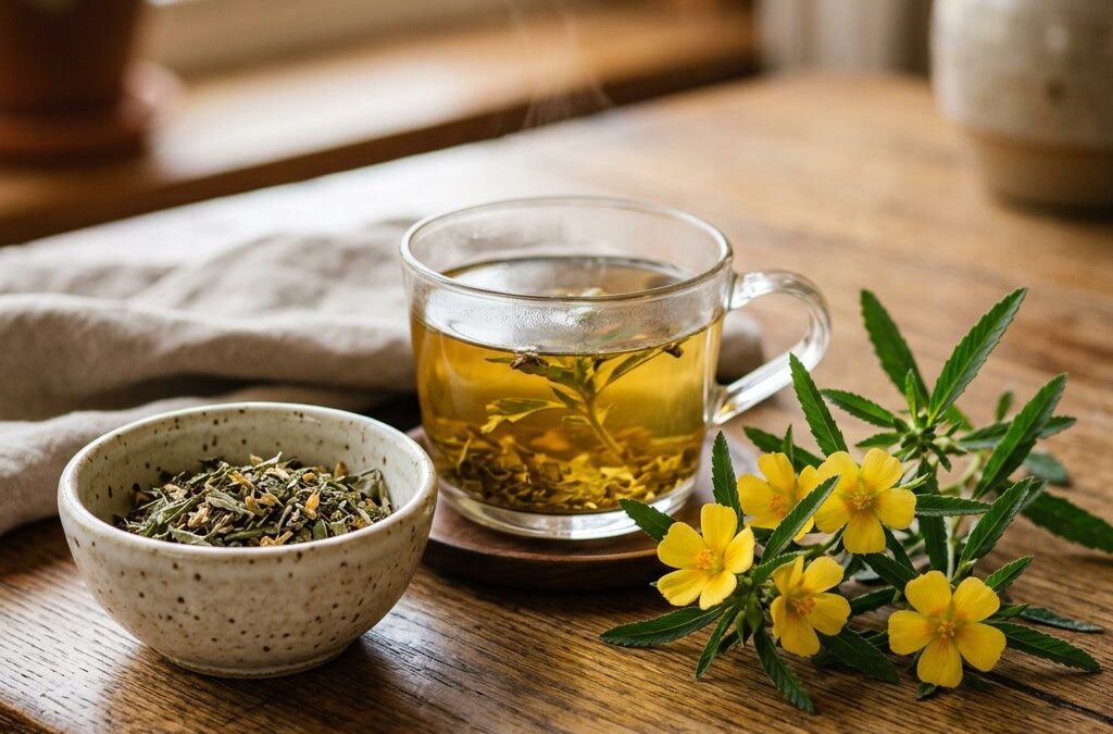 Damiana-Zweige mit gelben Blüten, getrocknetes Kraut und Kräutertee – Turnera diffusa als Basis von Aphrodana