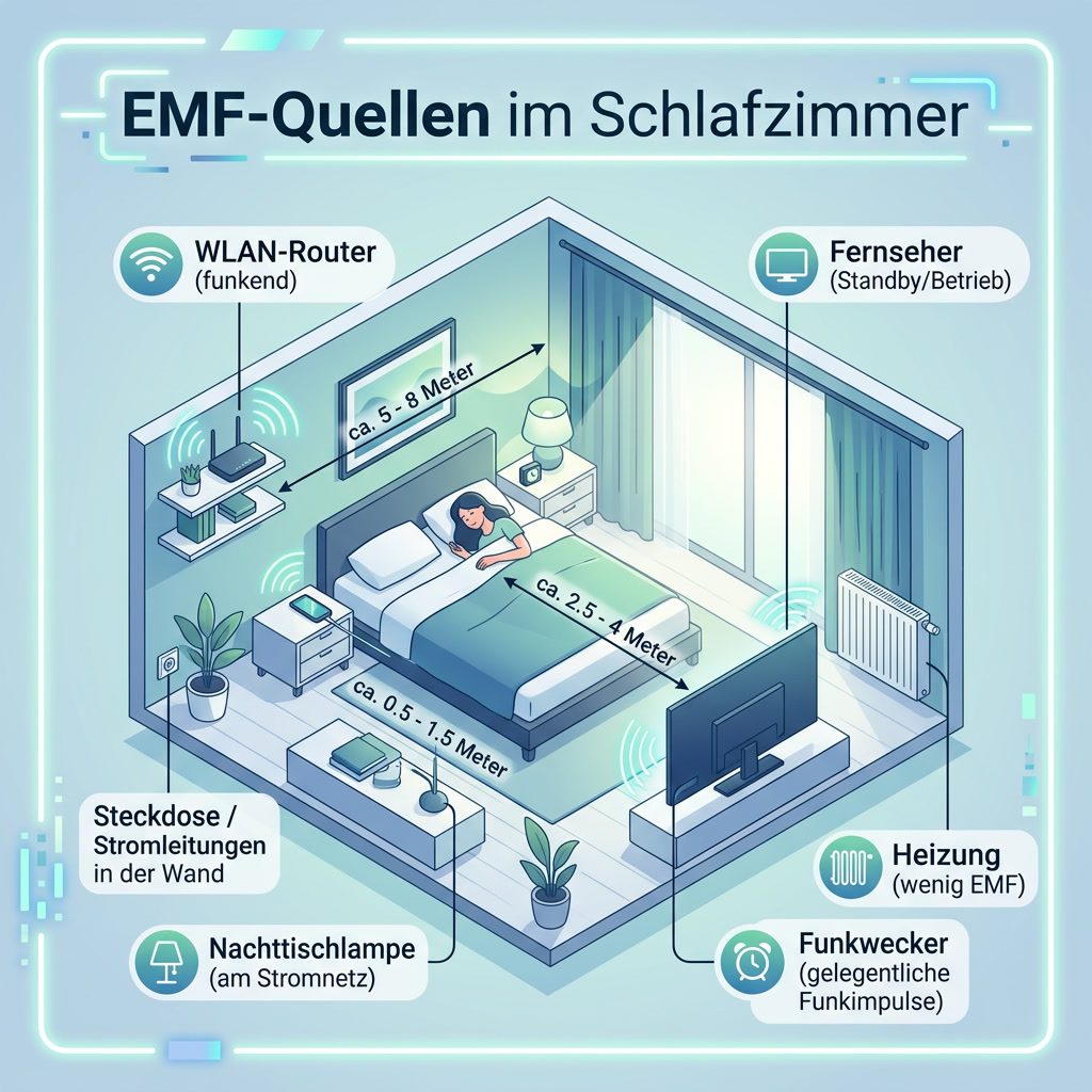 Balkendiagramm: Faktoren mit Einfluss auf die Melatonin-Produktion – Dunkelheit, Schlafrhythmus, kein blaues Licht, Stressreduktion, EMF-Reduktion