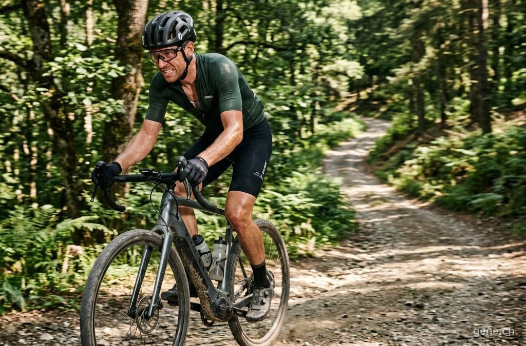 Radfahrer auf einem Gravel-E-Bike bei einem Anstieg auf einem Waldweg