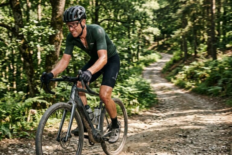 Radfahrer auf einem Gravel-E-Bike bei einem Anstieg auf einem Waldweg
