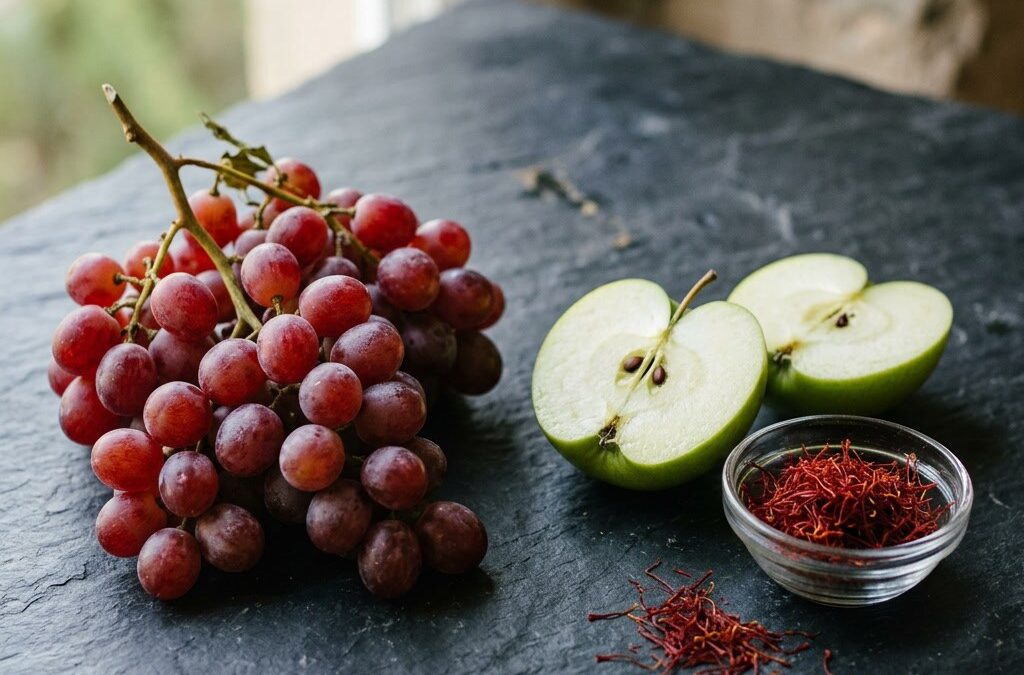 Trauben, Apfel und Safranfäden auf Schieferplatte – die drei Bestandteile von EnoSTIM