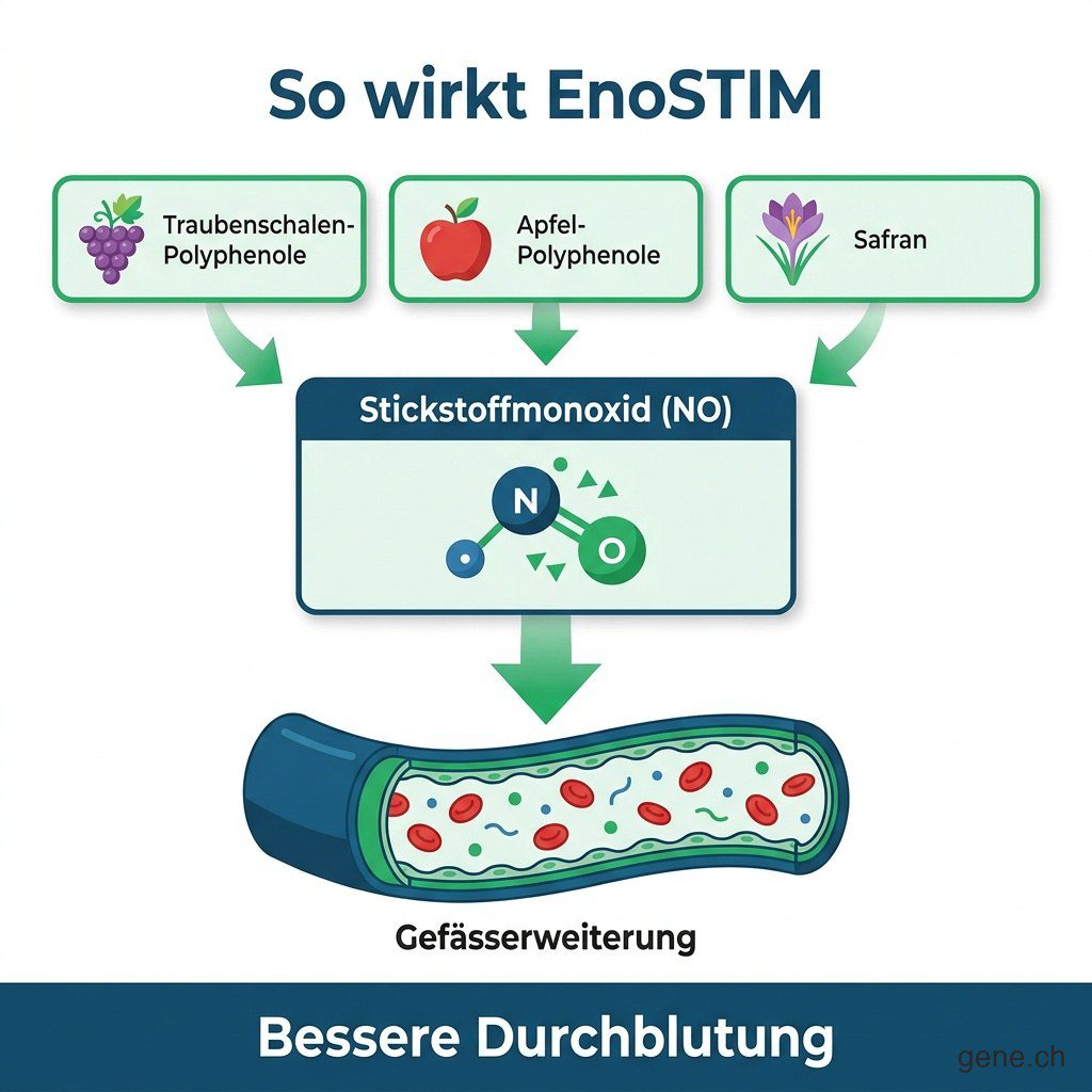 Infografik: So wirkt EnoSTIM – Polyphenole und Safran fördern über Stickstoffmonoxid die Gefässerweiterung
