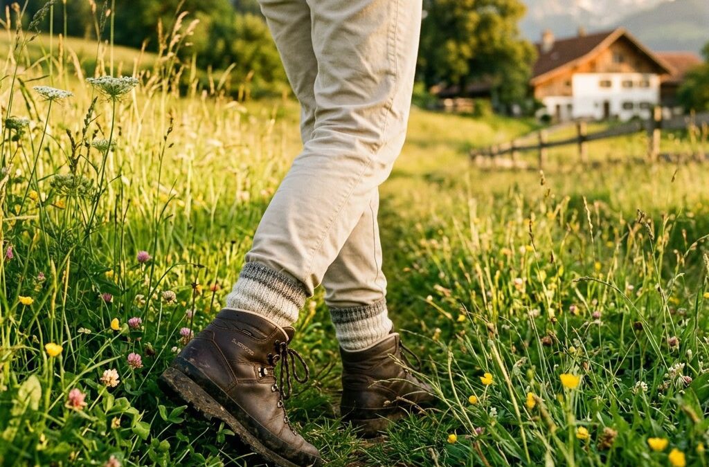Grasmilben im hohen Gras: Person laeuft im Sommer durch eine Wiese