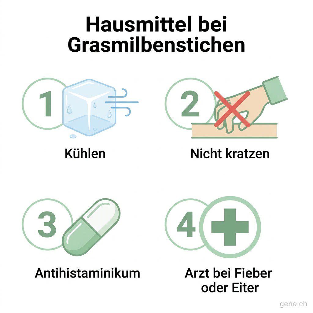 Vier Hausmittel bei Grasmilbenstichen: Kühlen, nicht kratzen, Antihistaminikum, Arzt bei Fieber oder Eiter