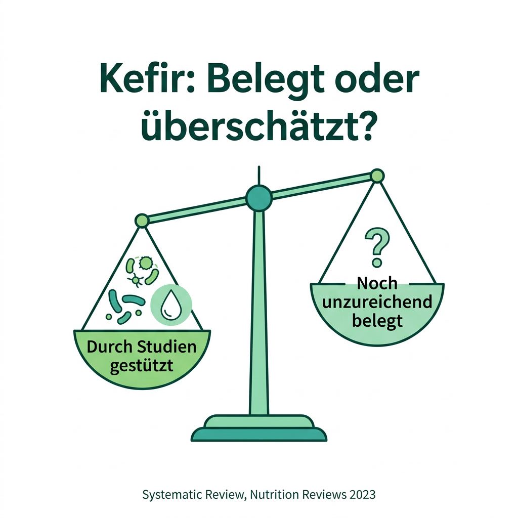 Infografik: Kefir - durch Studien gestützte Effekte im Vergleich zu noch unzureichend belegten Wirkungen, Systematic Review Nutrition Reviews 2023
