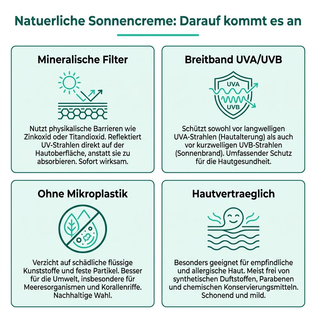 Infografik: Merkmale natürlicher Sonnencreme mit mineralischen Filtern, Breitbandschutz, ohne Mikroplastik und hautverträglich