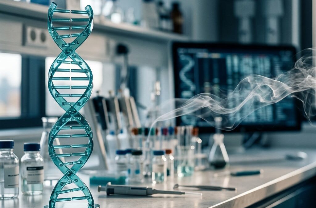 DNA-Doppelhelix im Labor, daneben aufsteigender Dampf – Symbolbild für Nikotinabbau und Genetik