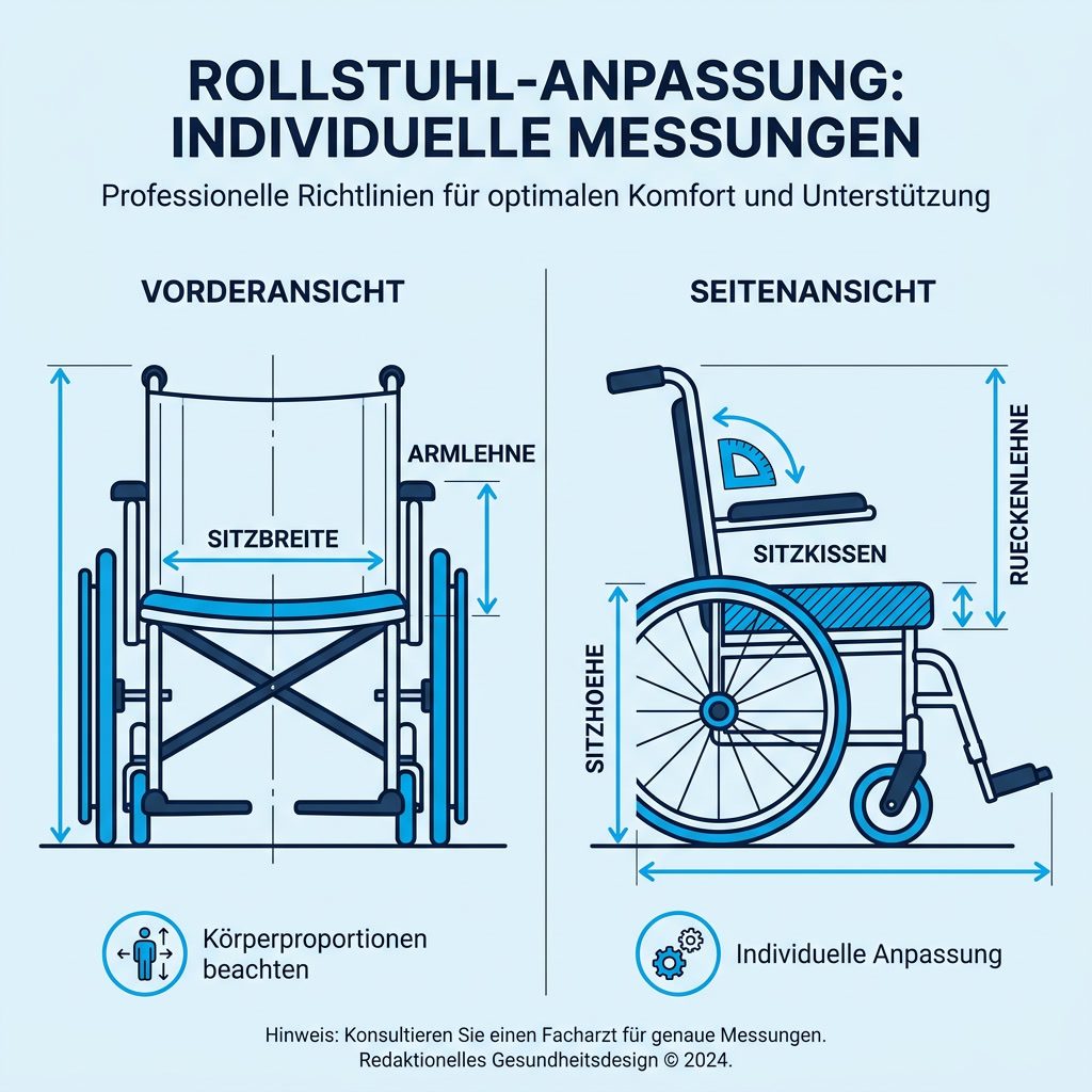 Infografik: Sitzbreite, Sitzhoehe, Armlehne und Ruecklehne beim Rollstuhl richtig anpassen
