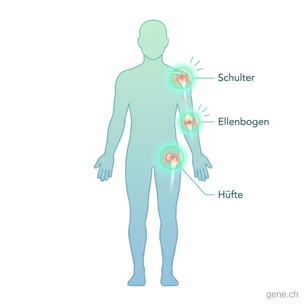 Infografik: Lage der Schleimbeutel bei Schulter, Ellenbogen und Hüfte, die bei einer Bursitis entzündet sein können