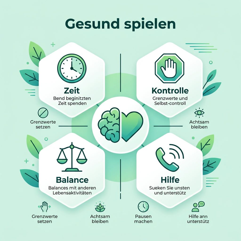 Infografik: Gesund spielen mit Zeit, Kontrolle, Balance und Hilfe